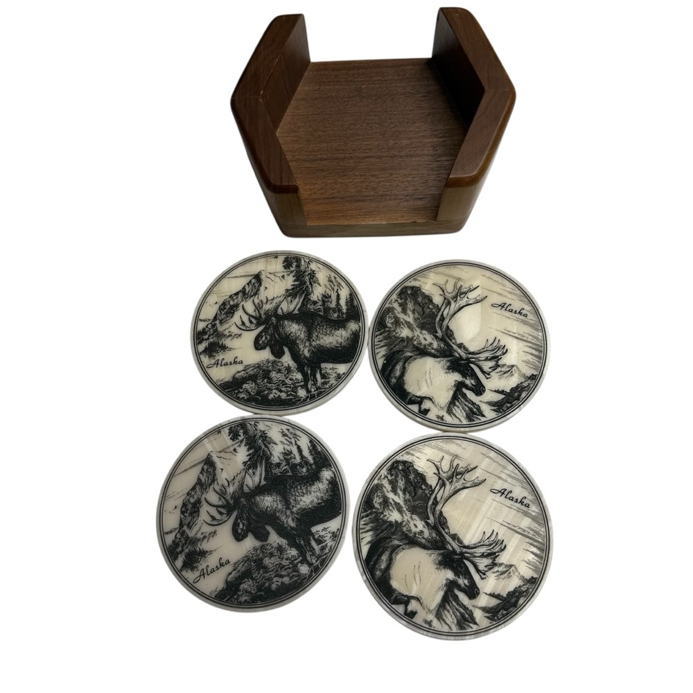 Alaska made Kiana Etched Moose & Caribou Coaster Set with Wooden Holder‎